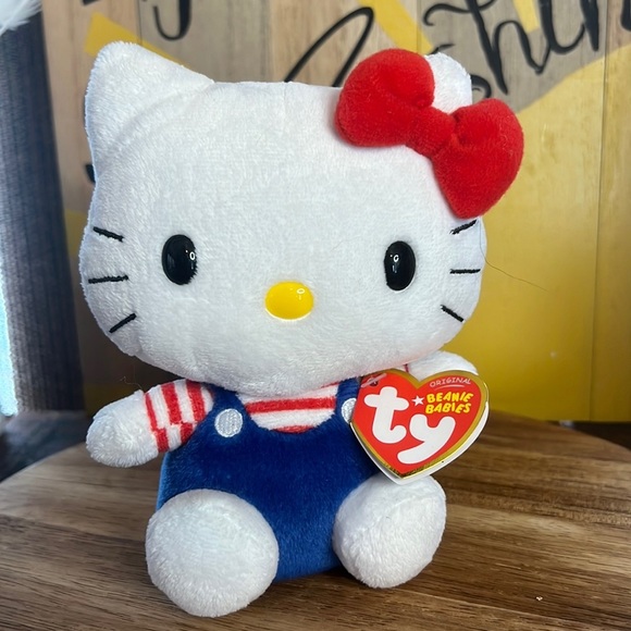 Hello Kitty Plush 6" Blue Overalls Red Striped Shirt Bow Stuffed Animal Bean Toy - Picture 1 of 13